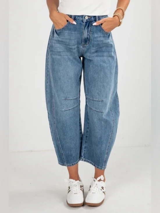 Aaron & Amber High-Rise Barrel Jeans Cotton Sz M Straight denim Wide Medium Wash - Picture 9 of 9